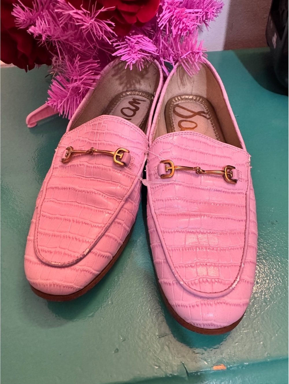 Sam Edelman Pink Croc-Embossed Leather Loafers with Gold Bit Detail, Size 7.5